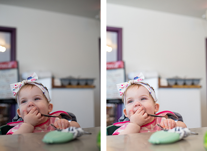 一只婴孩的浸水照片吃在桌上的，比较两种不同的照片编辑样式