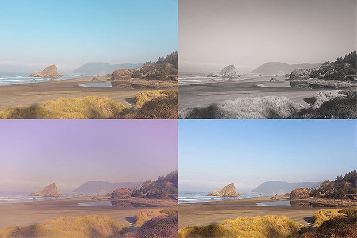 一个四张照片网格显示一个风景图片编辑在四种不同的风格
