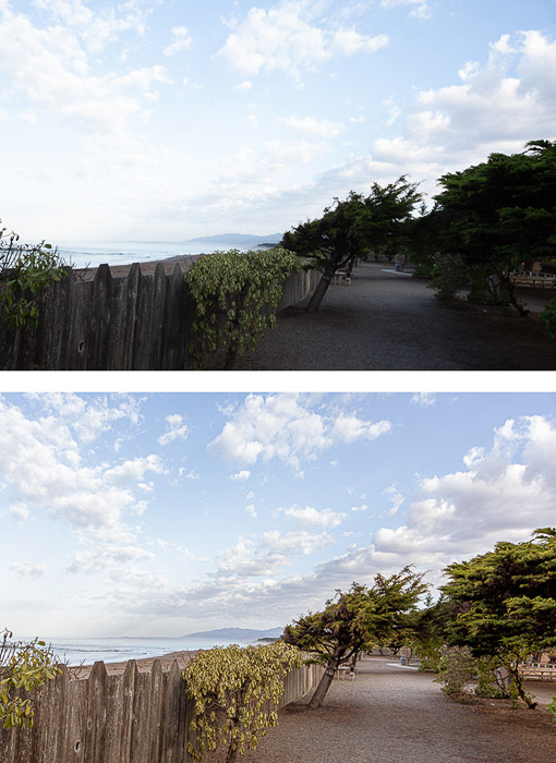 两张相同的海岸景观照片，第二张是HDR编辑风格