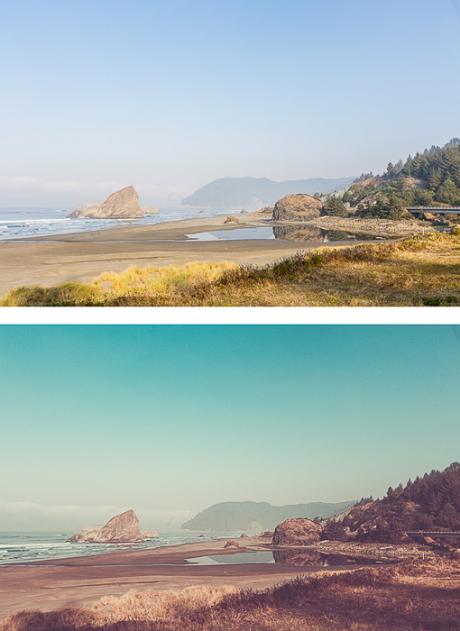 两张相同的海岸景观的照片，第二张用复古的编辑风格编辑